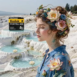Kodak Portra 400, 8K, soft light, volumetric lighting, highly detailed, portrait photo of Rena Nounen by WLOP, the face emerges from a Pamukkale, thermal waters flowing down white travertine terraces with lotus flowers, inspired by Ophelia paint , blue shirt and hair are intricate with highly detailed realistic beautiful flowers , Realistic, Refined, Highly Detailed, ethereal lighting colors scheme, outdoor fine art photography, Hyper realistic, photo realistic, masterpiece