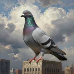 a giant pigeon on a new york building with dynamic clouds!!!!!!!!!!!!!!!!!!!!!!!!!!!, detailed painting, epic lighting, by ilya repin, phil hale and kent williams