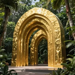 a massive gold sculpture in the jungle photograph, architecture carved for a titan, beautiful in its smoothness and expansiveness, curving geometric arches, architectural photograph by louis kahn and moshe safdie