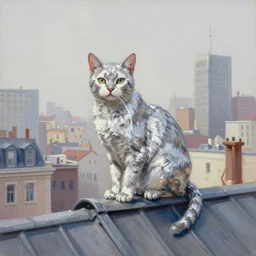 beautiful clean oil painting a anthropomorphic cat in a cats city from the top of a roof pinterest, artstation trending, behance, watercolor, by coby whitmore, silver, laser light
