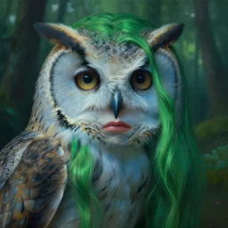 a close up portrait of a lonely young beautiful woman and her massive owl, fine facial features, symmetrical, sad, blue skin, green hair, in a forrest, inspired by edward hopper and grand budapest hotel, high resolution, octane render, high detailed masterpiece painting