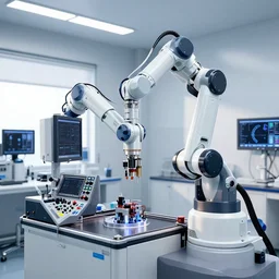 a complex thick bifurcated robotic cnc surgical arm cybernetic symbiosis hybrid mri 3 d printer machine making motors in a bio chemical lab, control panels, by daniel simon, 4 k, large monitor screens, knobs, natural light in room, octane render f 2 8,