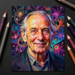 portrait of alan watts with a fractal floral pattern background with neon colored pencils on black paper by alex grey, nychos, artgerm