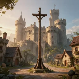 dramatic scene at the gallows pole, the courtyard of a robust fantasy castle, calming, uplifting mood, ultra realistic, funny, small buildings, highly detailed, epic lighting, illuminated, cinematic, morning, art by eddie mendoza