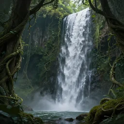 waterfall deep forest thick vines, deep focus, fantasy, intricate, elegant, highly detailed, digital painting, artstation, concept art, matte, sharp focus, illustration, hearthstone, art by artgerm and greg rutkowski