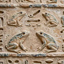 ancient hieroglyphic relief of a group of frogs, 40mm lens, shallow depth of field, split lighting