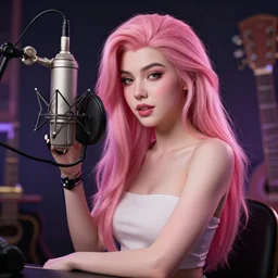 seraphine, from league of legends, pink hair, studio microphone, new musical instruments, au naturel, hyper detailed, digital art, trending in artstation, cinematic lighting, studio quality, smooth render, unreal engine 5 rendered, octane rendered, art style by klimt and nixeu and ian sprigger and wlop and krenz cushart