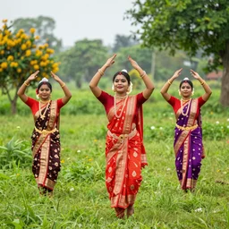 Assamese bihu dancers wearing mekhela sador dancing in a beautiful lush green field assam countryside background with blooming flowers