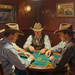 cowboys playing poker in a saloon, by Mandy Jurgens, trending on artstation, Richard Schmid and norman rockwell