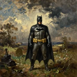 Batman in a pastoral setting, painted by John Constable, oil on canvas