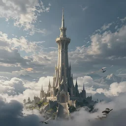 a serene landscape of a magical fantasy tower by ross tran, rhads, tim hildebrandt, cinematic lighting, extremely detailed, concept art, trending on artstation, behance hd, wide shot, clouds by phil koch