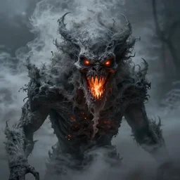 a beautiful terrifying monster of ash and smoke, eyes and mouth glowing like burning embers in the style of michael whelan and h. p. lovecraft. hyperdetailed photorealism by greg rutkowski. 1 0 8 megapixels, 3 d finalrender, cinematic lighting.