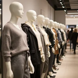 store mannequins form a long line queueing for the black friday sales.