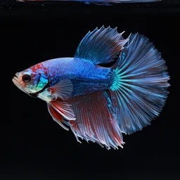a beautiful richly colored beta fish with long flowy scales on a black background surrounded by black water, full subject in view, epic scale ultrawide angle, hyperdetailed