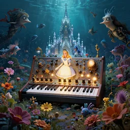 a centered render of intricate modular synthesizer of alice in wonderland, shining its light across a tumultuous sea of flowers, undersea animals and gothic crystal church by dorothea tanning and salvador dali, trending on artstation, cyber punk, high contrast, unreal engine, high detailed, 8 k