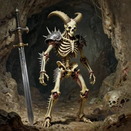 A spiky horned skeleton with armored joints stands in a large cave with a huge weapon. Extremely high detail, realistic, fantasy art, solo, masterpiece, saturated colors, bones, skull, ripped flesh, art by Zdzisław Beksiński, Arthur Rackham, Dariusz Zawadzki