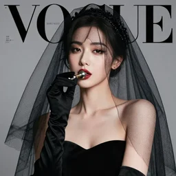 Beautiful girl in black veil and black gloves holding a mouthpiece. Expressive noir style, photo shoot, model posing, award winning, retro, fashion studio lighting, VOGUE, 85mm