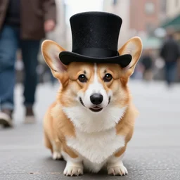 a welsh corgi wearing a tophat in newyork
