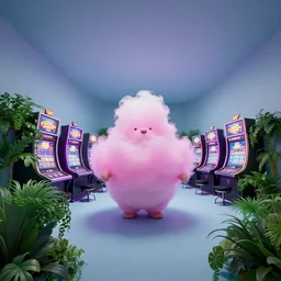 minimalistic extreme wide angle curved perspective digital art of sss chubby cotton candy indoor casino with curly plants by anton fadeev, lorax movie, underwater smoke