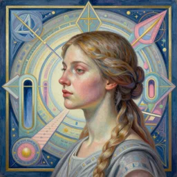 a portrait of a woman envisioning the division of humanity in search of the one truth, hyperrealism, rule of thirds, pathways and portals to other worlds, extremely detailed, intricate pastel and acryllic artwork, abstract geometry, hermeticism, magical symbolism