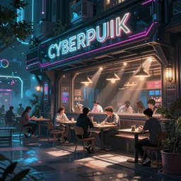 beautiful digital art of cyberpunk cafe by james gurney