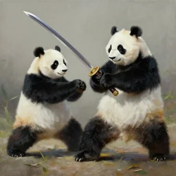 a samurai sword - fighting with a panda, digital art, artstation, oil on canvas