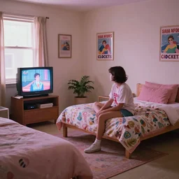 an idyllic 9 0 s teenager's bedroom, the only light is by a tv in the background
