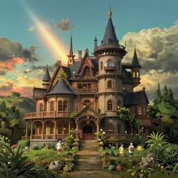 a beautiful hyperrealistic detailed miniature diorama of a magical mansion from studio ghibli, by jordan grimmer and hayao miyazaki and adolf hira © my - hirschl, crepuscular ray, vibrant, wide angle, epic, vast, trending on artstation, cgsociety, intricate, atmospheric lighting, unreal engine, 8 k resolution, ultrafine detail, octane render
