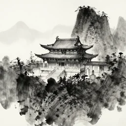 zen temple on the mountain, ink