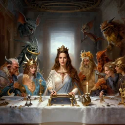 dnd last supper, kate beckinsale as majesty at center, dnd characters and monsters around, 8 k, deep focus, d & d, fantasy, intricate, elegant, highly detailed, digital painting, artstation, concept art, matte, sharp focus, illustration, hearthstone, art by greg rutkowski and alphonse mucha