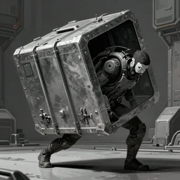 cyberpunk man lifing a massive metal crate, Industrial Scifi, detailed illustration, Chiaroscuro, concept art, by Martin Grip and Moebius