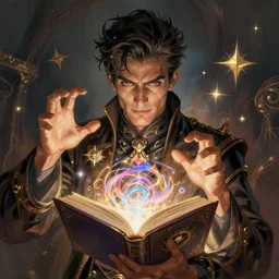 character concept portrait of a handsome young evil hispanic wizard with olive skin casting a necromancy spell, a magic iridescent spell book in the center, intricate, elegant, digital painting, concept art, smooth, sharp focus, illustration, from Metal Gear, by Ruan Jia and Mandy Jurgens and Artgerm and William-Adolphe Bouguereau