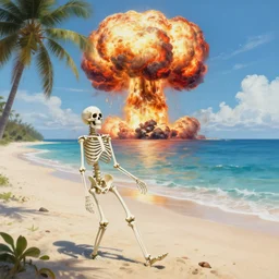 Beautiful painting of relaxed white skeleton walking on the tropical beach with nuclear bomb explosion on the ocean, high quality, trending on Artstation, realistic, by Greg Rutkowski, highly detailed big nuclear explosion in the background, vibrant light color scheme, coherent, photorealism