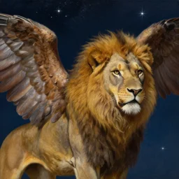 a realistic oil painting of a winged lion's body with an eagle head, at night with a sky full of stars, highly detailed, trending on artstation, by james gurney and michael whelan and krenz cushart and alphonse mucha