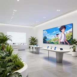 ( ( ( ( ( eames, saarinen inspired flagship samsung store, white walls. concrete floor. low ceilings with spots. curved furniture, large digital screens. display tables with phones and tablets, lush plants, large digital screens on the walls ) ) ) ) ) concept art, john berkey, beeple, wlop, makoto shinkai, artstation