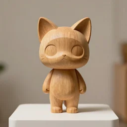 realistic a wooden sculpture, art toys collection on a pedestal, a very cute figurine cat's ears in a zen rebelle