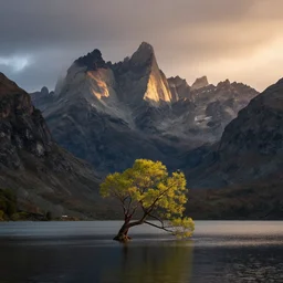 award winning landscape photography by colin prior, lone tree and lake in foreground with jagged highland mountains in background, beautiful morning light, dramatic lighting, atmospheric