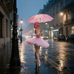 street of paris photography, night, rain, mist, a prima ballerina with pink hair, umbrella pink, cinestill 8 0 0 t, in the style of william eggleston