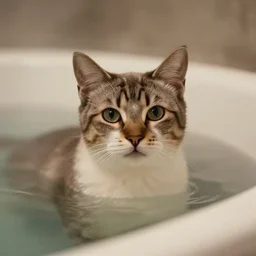 photographic portrait by Annie Leibovitz of a cat in a hot tub, closeup, foggy, sepia, moody, dream-like, sigma 85mm f/1.4, 15mm, 35mm, 4k, high resolution, 4k, 8k, hd, full color