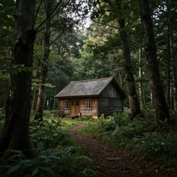 a cottage in the woods and empty woods, 8k, fantasy, hyper realistic, dramatic lighting, cinematic
