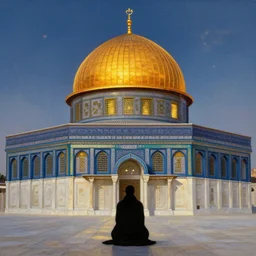 a beautiful oil painting flyer design illustration of dome of the rock jerusalem and a silhouette of muslim is praying to god in front of it, intricate, elegant, glowing lights, highly detailed, digital painting, artstation, concept art, smooth, sharp focus, illustration, in the style of martin johnson heade and mark ryden