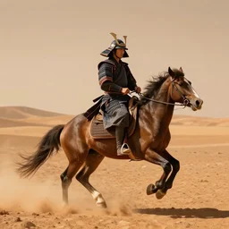a samurai riding a horse on mars