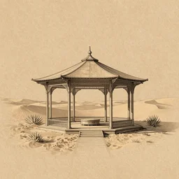 digital illustration by ross tran, magical technical drawings of a desert pavilion designed by snohetta on brown butcher paper
