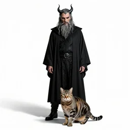 wise evil genius with cat, studio photography, full body, standing, isolated on a pure white background, centered, whole figure in frame, sharp focus, studio lighting