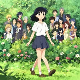 anime visual of a cute young anime woman walking in a lush park flowers ivy foliage, wlop, ilya kuvshinov, artgerm, krenz cushart, greg rutkowski, hiroaki samura, range murata, james jean, katsuhiro otomo, erik jones, kyoani, cel shaded, anime poster