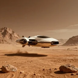 A futuristic flying vehicle hovering the surface of Mars, mars colony on the background, mars mountains on left and right of the shot, wide angle, low angle shot, mood lighting, Behance, digital art in the style of Oblivion movie, by Beeple, trending on Artstation