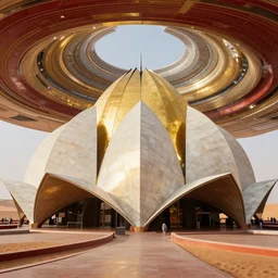 interior of a futuristic lotus temple with gold, red and white marble panels, in the desert, by buckminster fuller and syd mead, intricate contemporary architecture, photo journalism, photography, cinematic, national geographic photoshoot