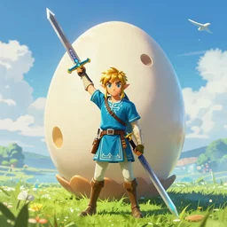 link standing in front of the windfish egg holding up is charged sword to the sky artwork from zelda links awakening, trending on artstation