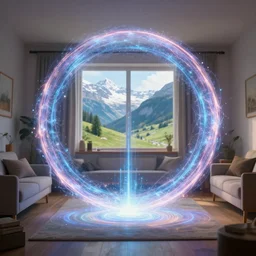 a circular ethereal portal inside a living room, the portal leads directly to switzerland, leyline style