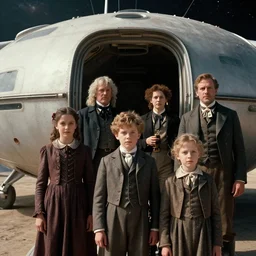 film still from a sci fi blockbuster movie made in 2022, set in 1860, of a family leaving a spaceship, that has just landed on an alien planet, wearing 1850s era clothes, good lighting, 4k, HD, in focus faces, detailed faces, oscar winner, high quality photography